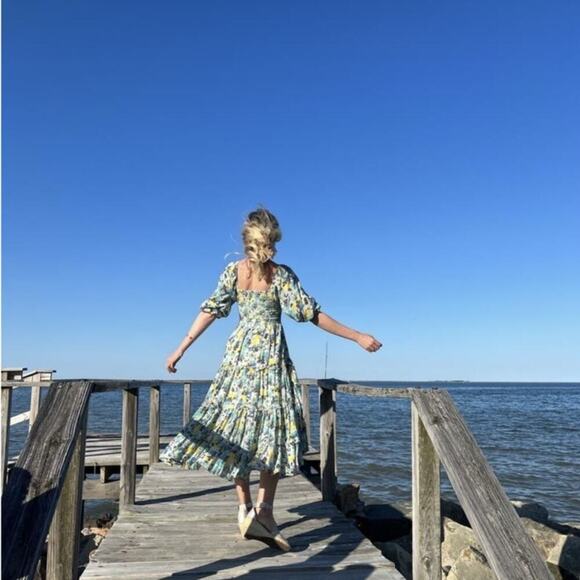 LoveShackFancy Blue Capri Floral Midi Dress Acai Berry Green Yellow Size XS - Picture 11 of 11